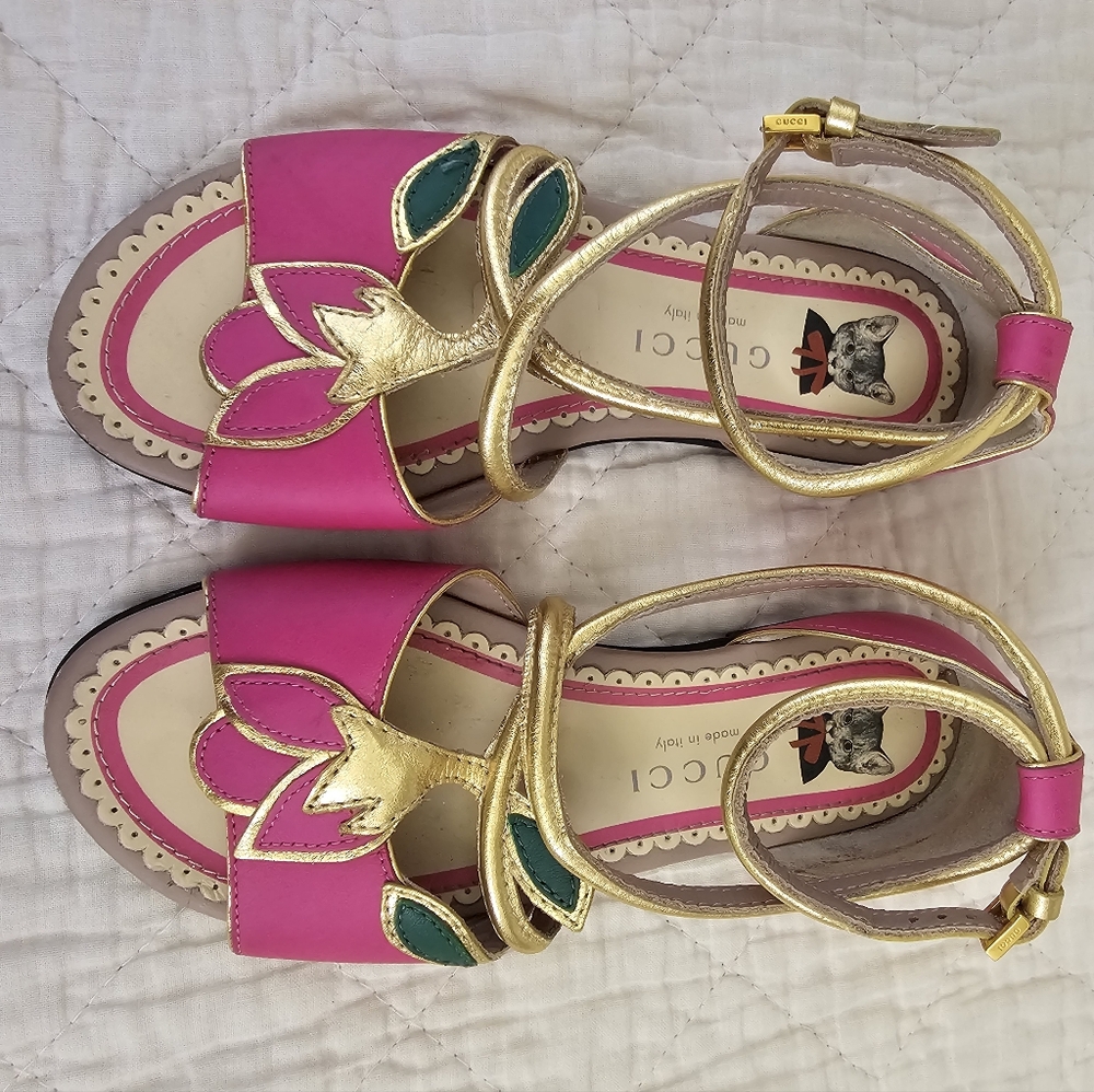 Gucci Pink and Gold Leaf-Accent Sandals